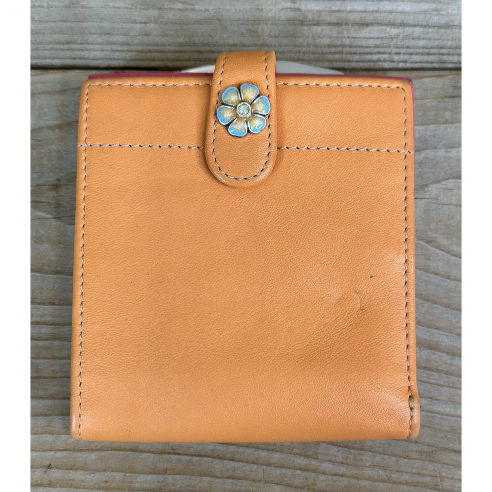 Brighton Orange Leather kisslock bifold wallet Embroidered Heart/ Flower Wallet